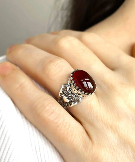 Carnelian Gemstone Double Heart Detailed Filigree Art 925 Sterling Silver Women Statement Ring - Drakoi Marketplace