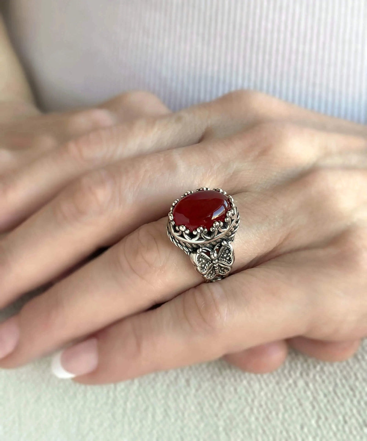 Carnelian Gemstone Filigree Art Double Butterfly Detailed Women Silver Statement Ring - Drakoi Marketplace