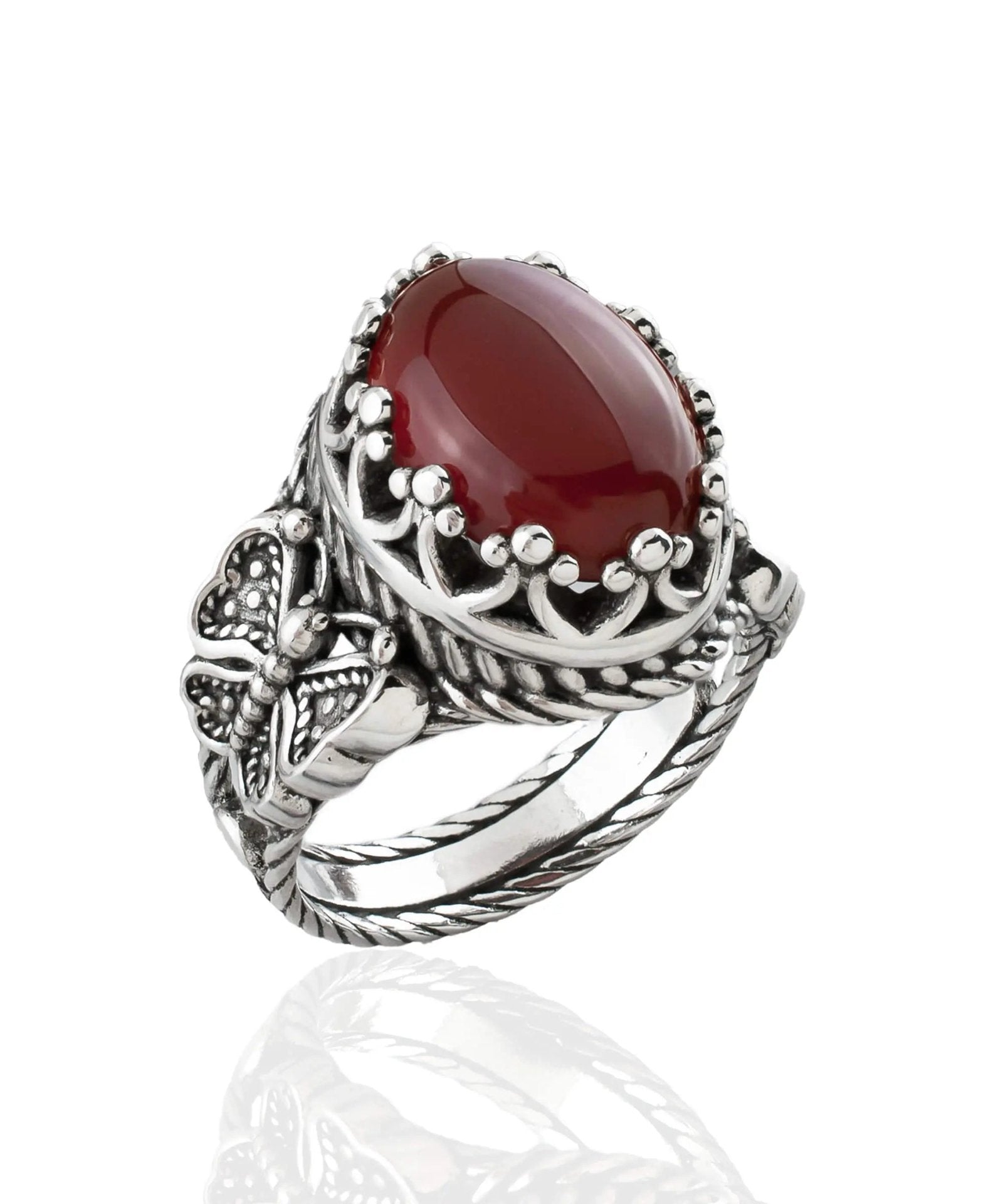 Carnelian Gemstone Filigree Art Double Butterfly Detailed Women Silver Statement Ring - Drakoi Marketplace