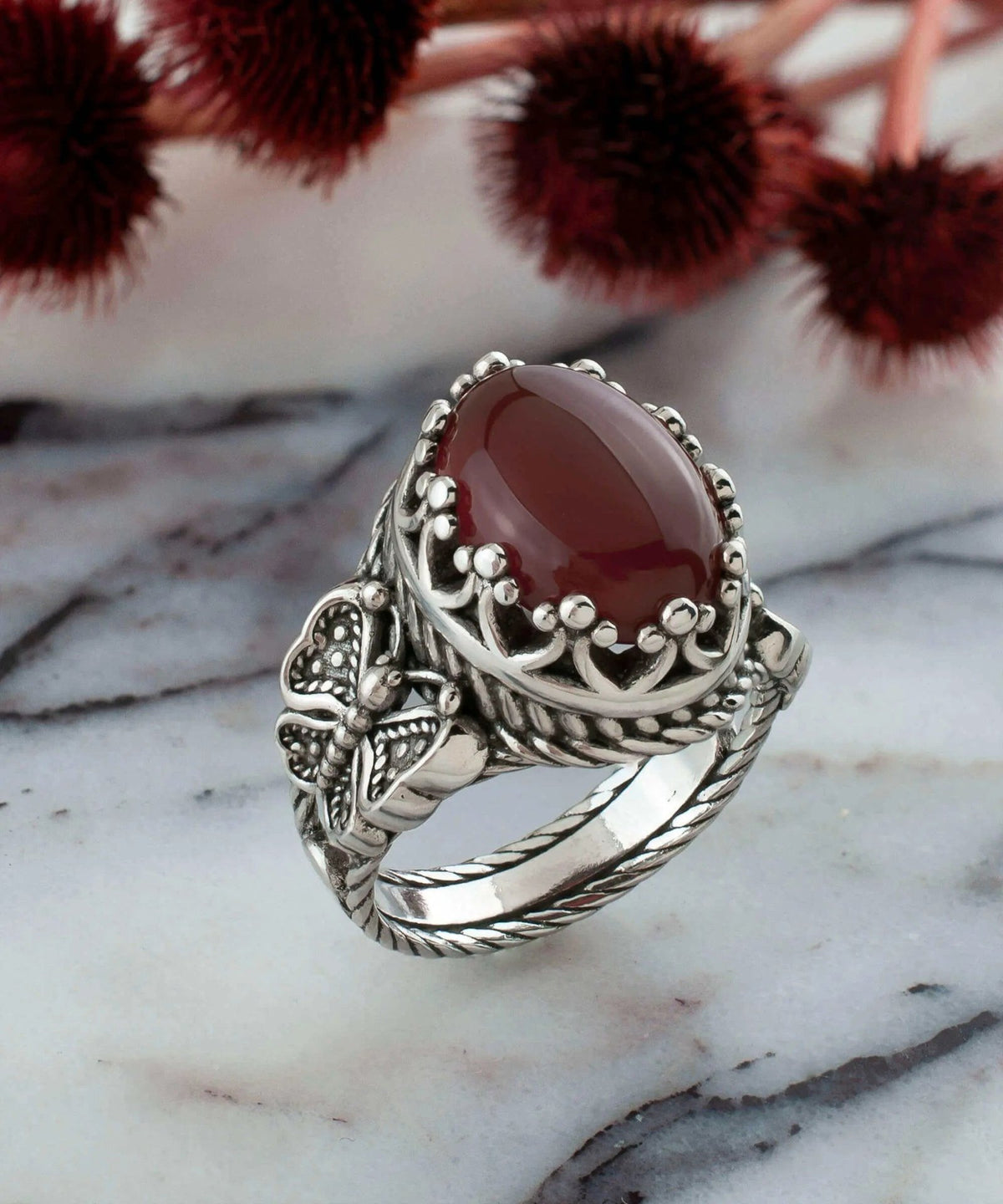 Carnelian Gemstone Filigree Art Double Butterfly Detailed Women Silver Statement Ring - Drakoi Marketplace