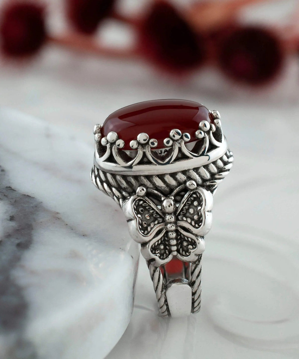 Carnelian Gemstone Filigree Art Double Butterfly Detailed Women Silver Statement Ring - Drakoi Marketplace