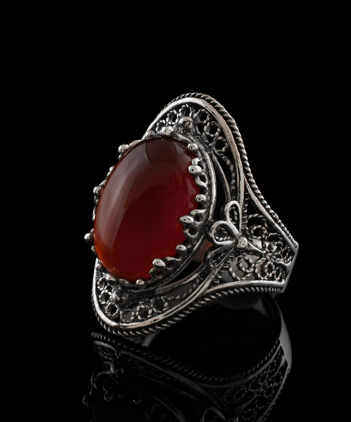 Carnelian Gemstone Filigree Art Woman Silver Statement Ring - Drakoi Marketplace