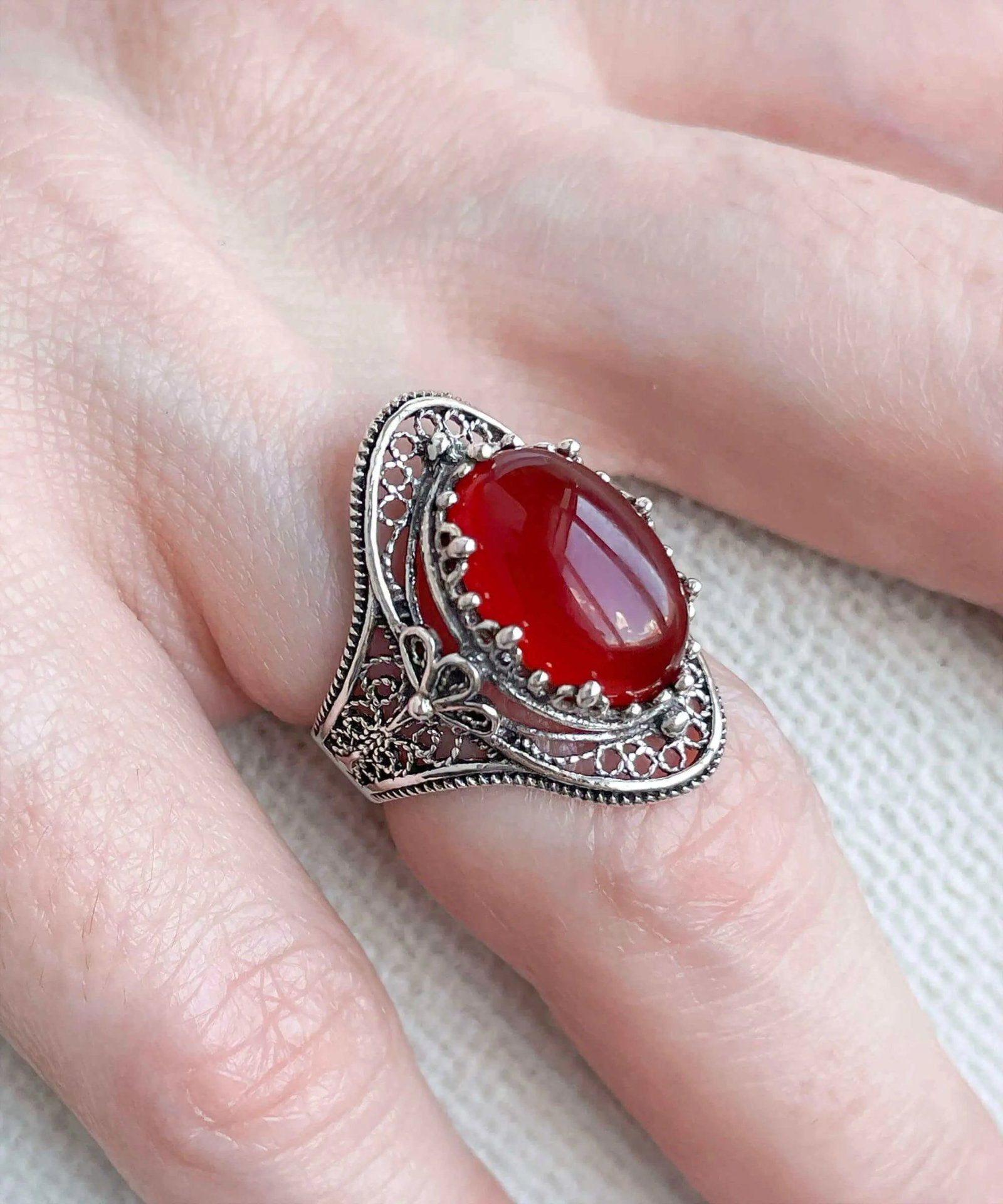 Carnelian Gemstone Filigree Art Woman Silver Statement Ring - Drakoi Marketplace