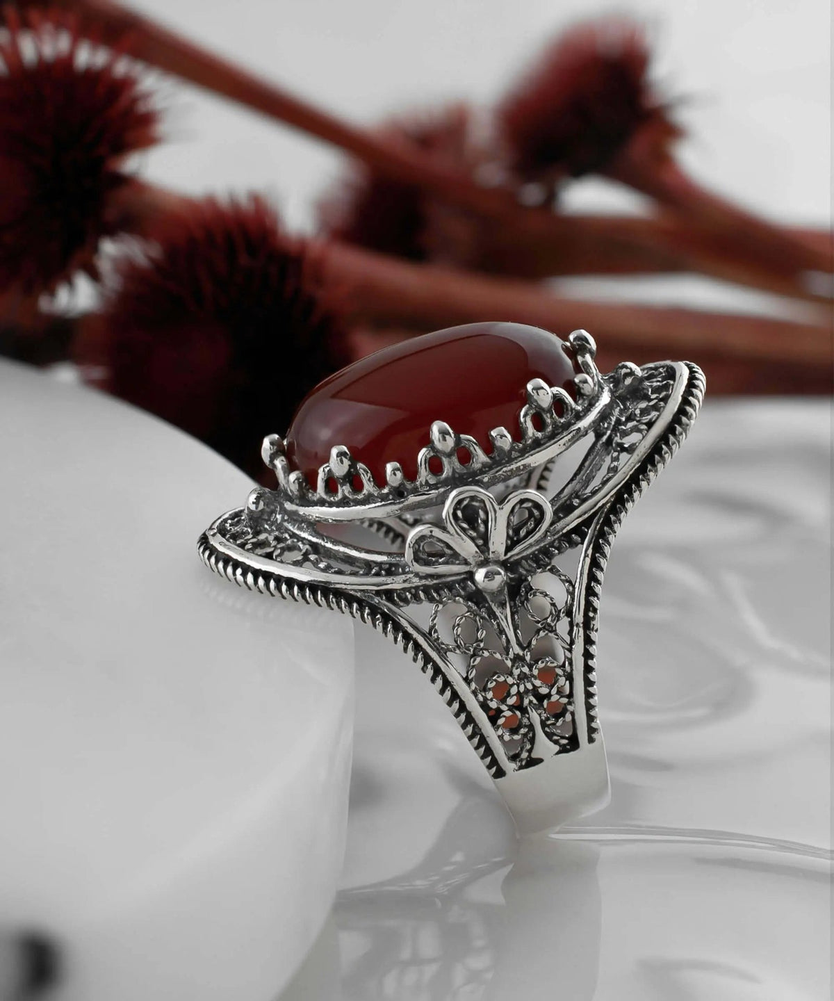 Carnelian Gemstone Filigree Art Woman Silver Statement Ring - Drakoi Marketplace