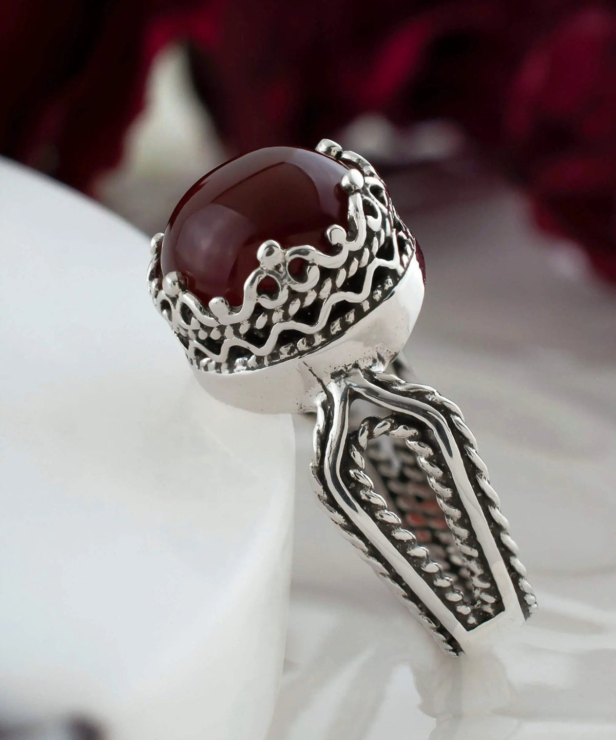 Carnelian Gemstone Filigree Art Women Sterling Silver Cocktail Ring - Drakoi Marketplace