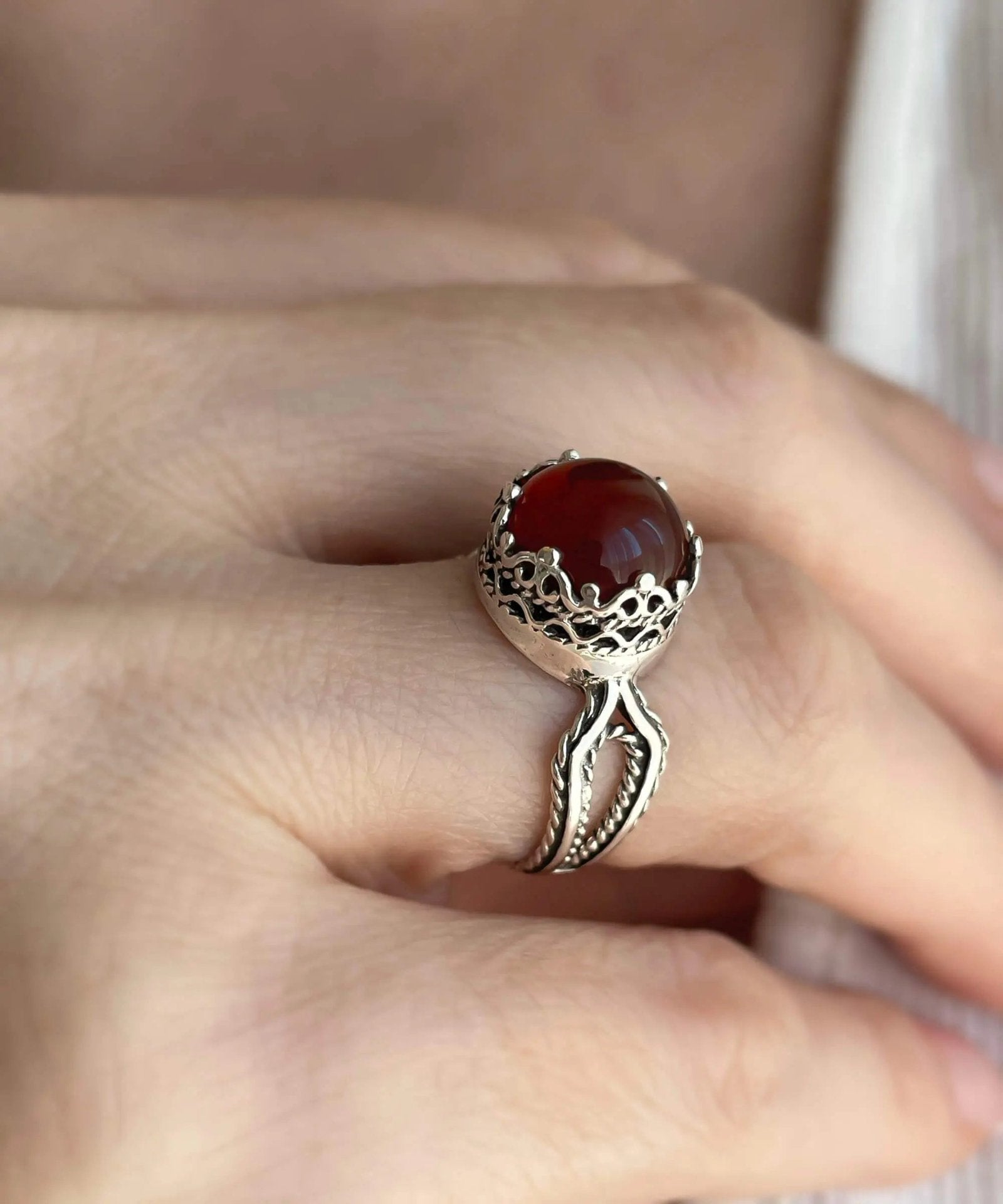 Carnelian Gemstone Filigree Art Women Sterling Silver Cocktail Ring - Drakoi Marketplace