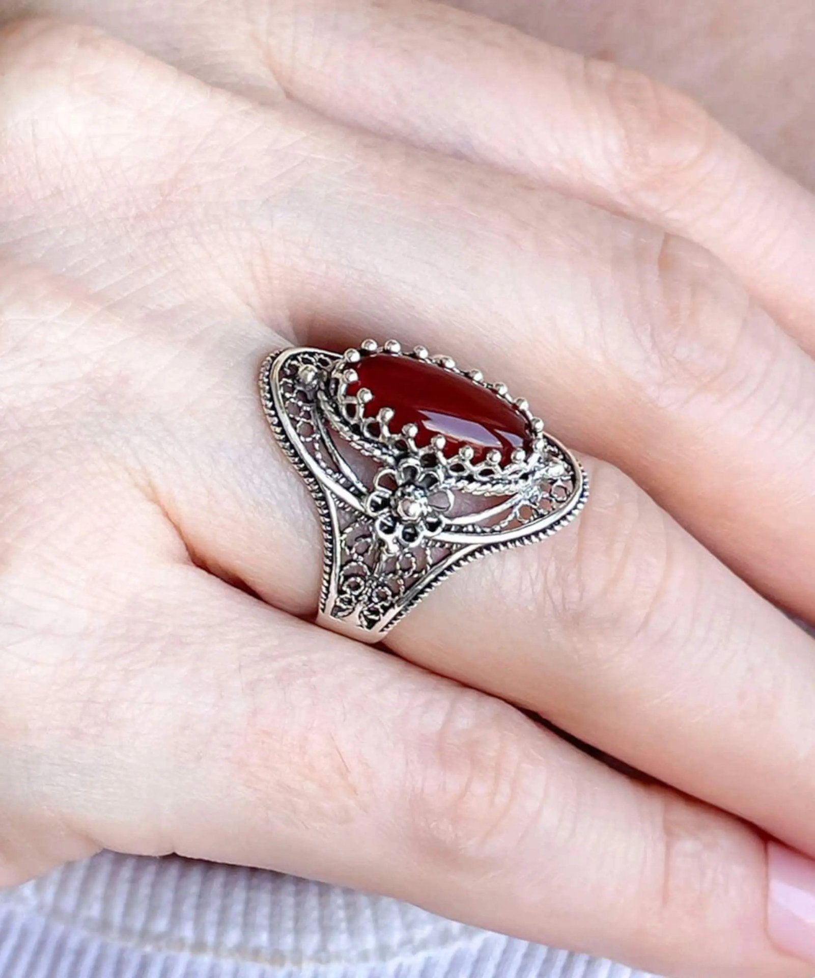 Carnelian Gemstone Sterling Silver Women Statement Ring with Daisy Figures - Drakoi Marketplace