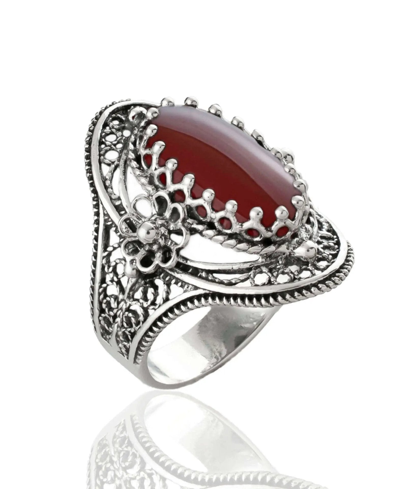 Carnelian Gemstone Sterling Silver Women Statement Ring with Daisy Figures - Drakoi Marketplace