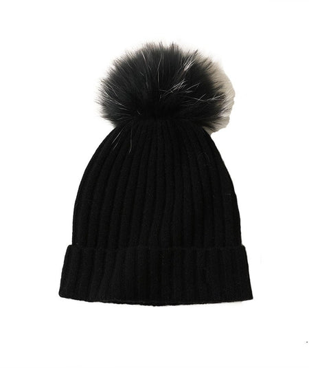 Cashmere Ribbed Beanie with Eco PomPom Mont Blanc Black - Drakoi Marketplace