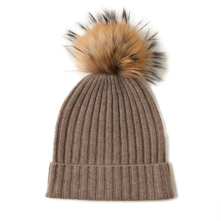 Cashmere Ribbed Beanie with Eco PomPom Mont Blanc Camel - Drakoi Marketplace