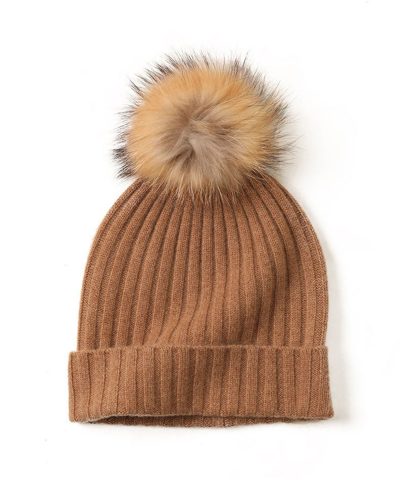 Cashmere Ribbed Beanie with Eco PomPom Mont Blanc Caramel - Drakoi Marketplace