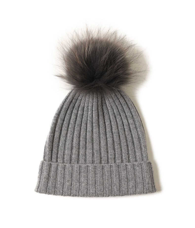 Cashmere Ribbed Beanie with Eco PomPom Mont Blanc Grey - Drakoi Marketplace