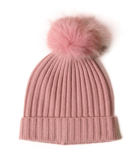 Cashmere Ribbed Beanie with Eco PomPom Mont Blanc Pink - Drakoi Marketplace