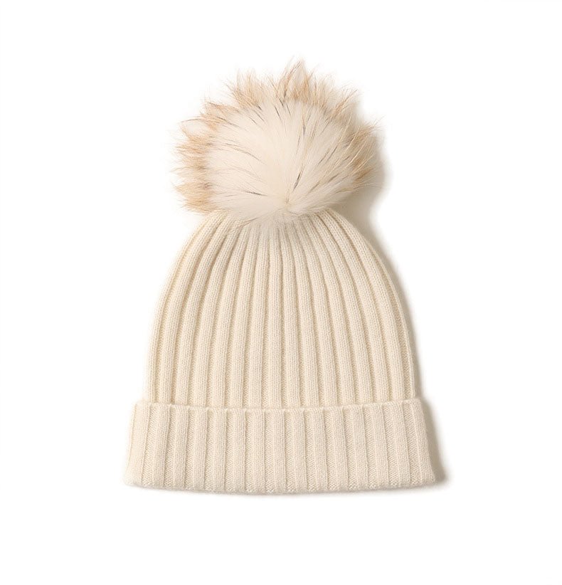 Cashmere Ribbed Beanie with Eco PomPom Mont Blanc Woolwhite - Drakoi Marketplace