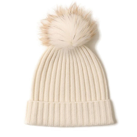 Cashmere Ribbed Beanie with Eco PomPom Mont Blanc Woolwhite - Drakoi Marketplace