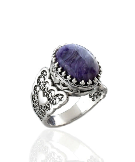 Charoite Gemstone Double Heart Detailed Filigree Art 925 Sterling Silver Women Statement Ring - Drakoi Marketplace