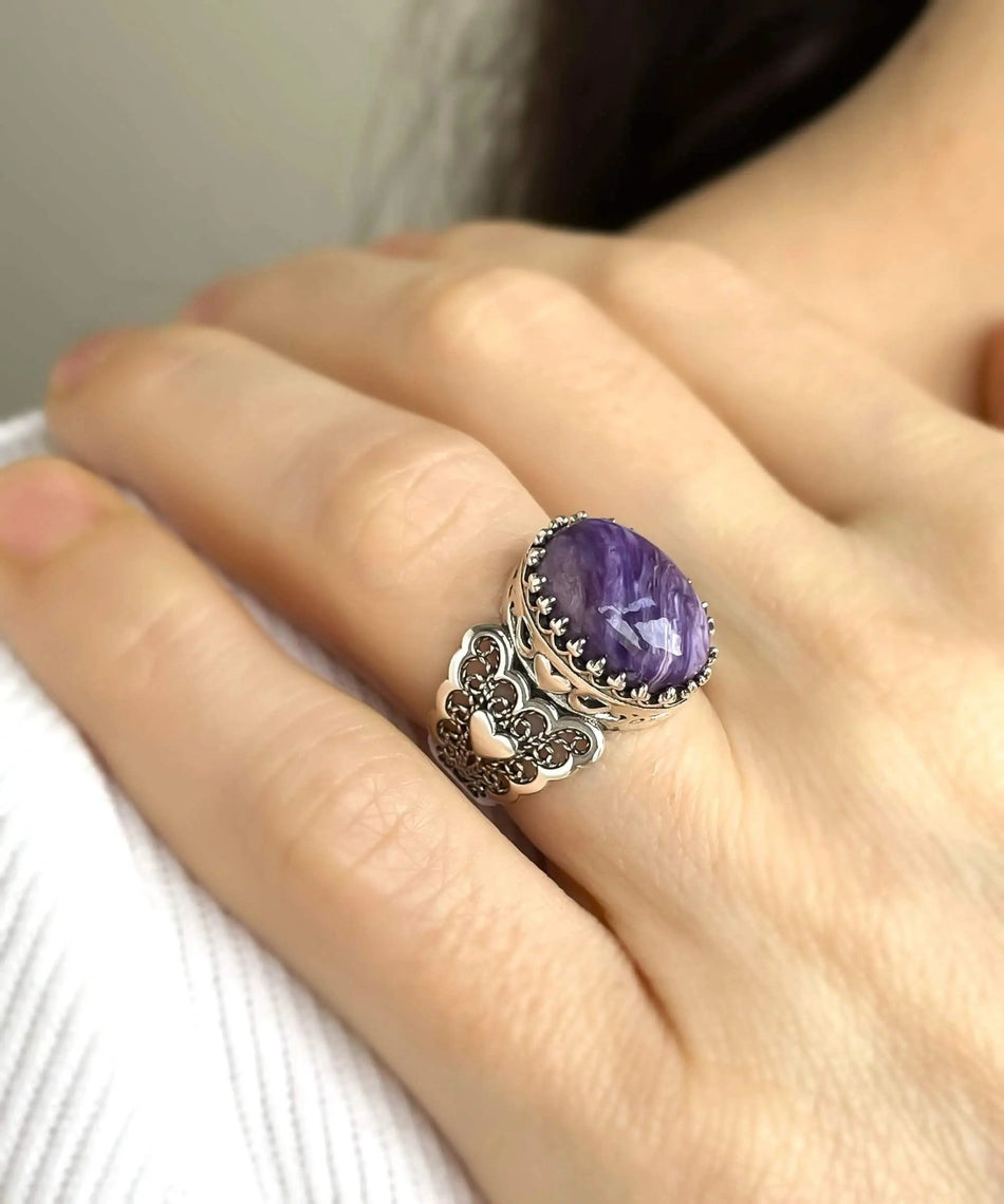 Charoite Gemstone Double Heart Detailed Filigree Art 925 Sterling Silver Women Statement Ring - Drakoi Marketplace