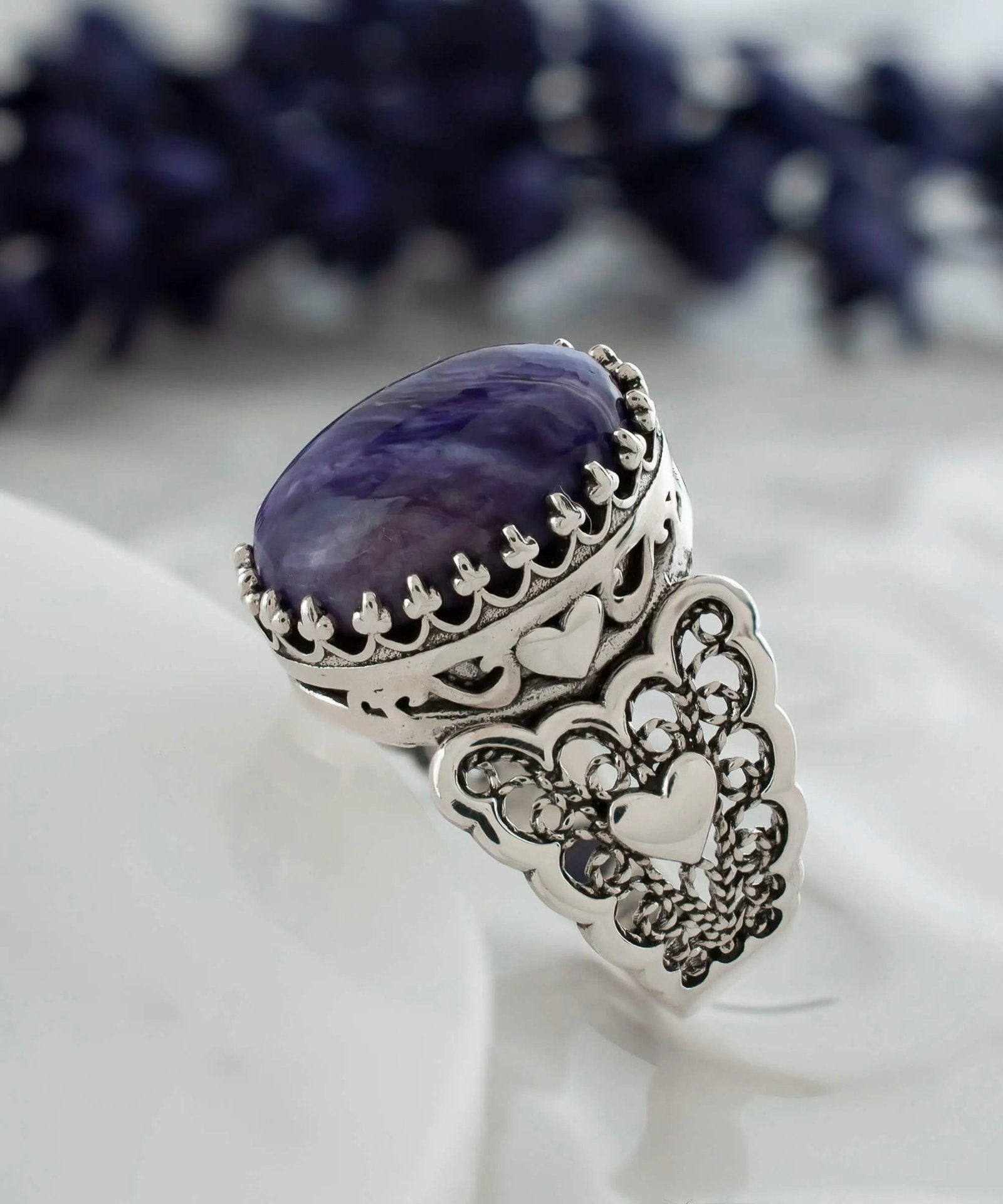 Charoite Gemstone Double Heart Detailed Filigree Art 925 Sterling Silver Women Statement Ring - Drakoi Marketplace