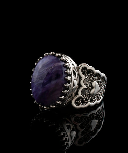 Charoite Gemstone Double Heart Detailed Filigree Art 925 Sterling Silver Women Statement Ring - Drakoi Marketplace