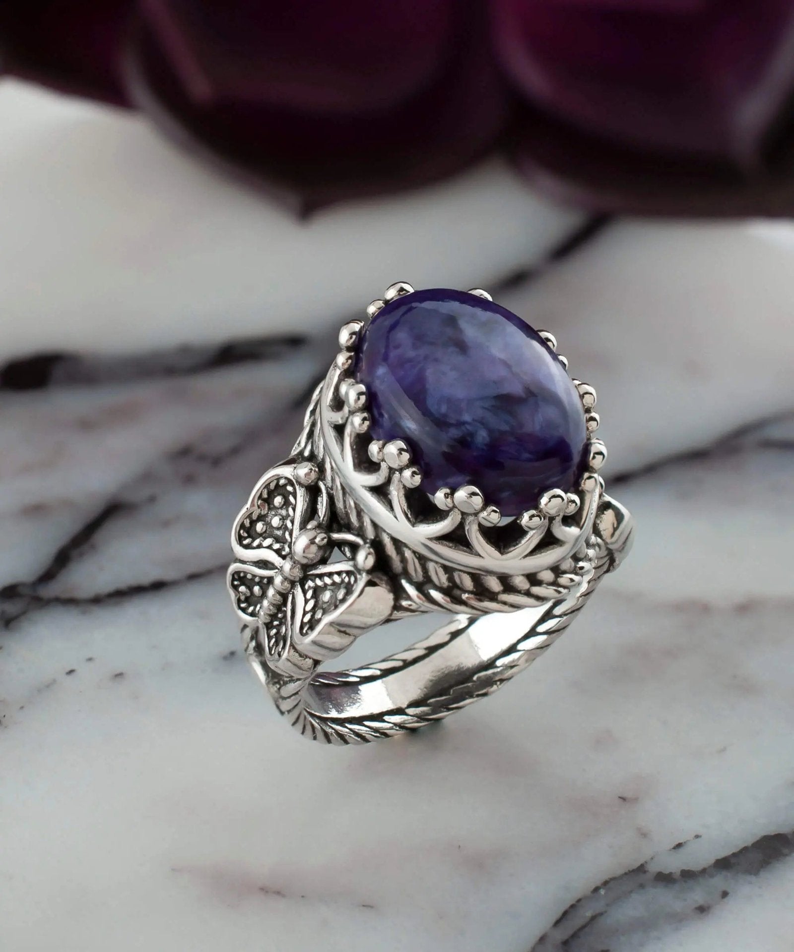 Charoite Gemstone Filigree Art Double Butterfly Detailed Women Silver Statement Ring - Drakoi Marketplace