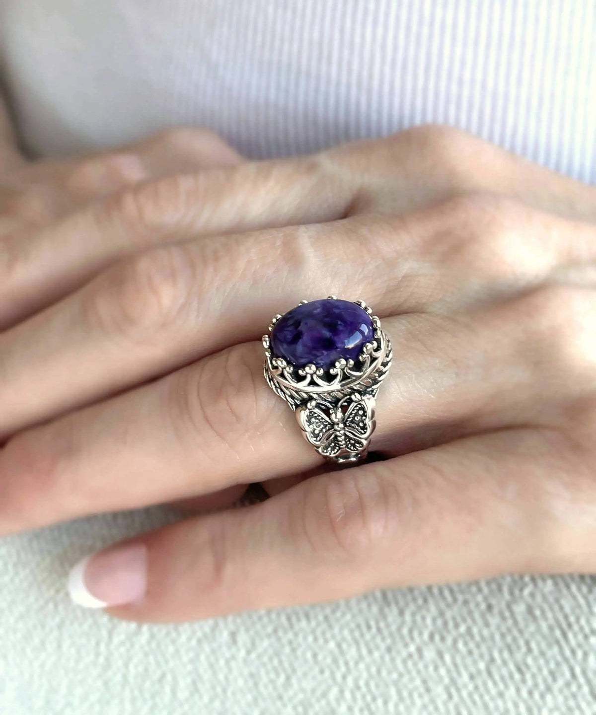 Charoite Gemstone Filigree Art Double Butterfly Detailed Women Silver Statement Ring - Drakoi Marketplace