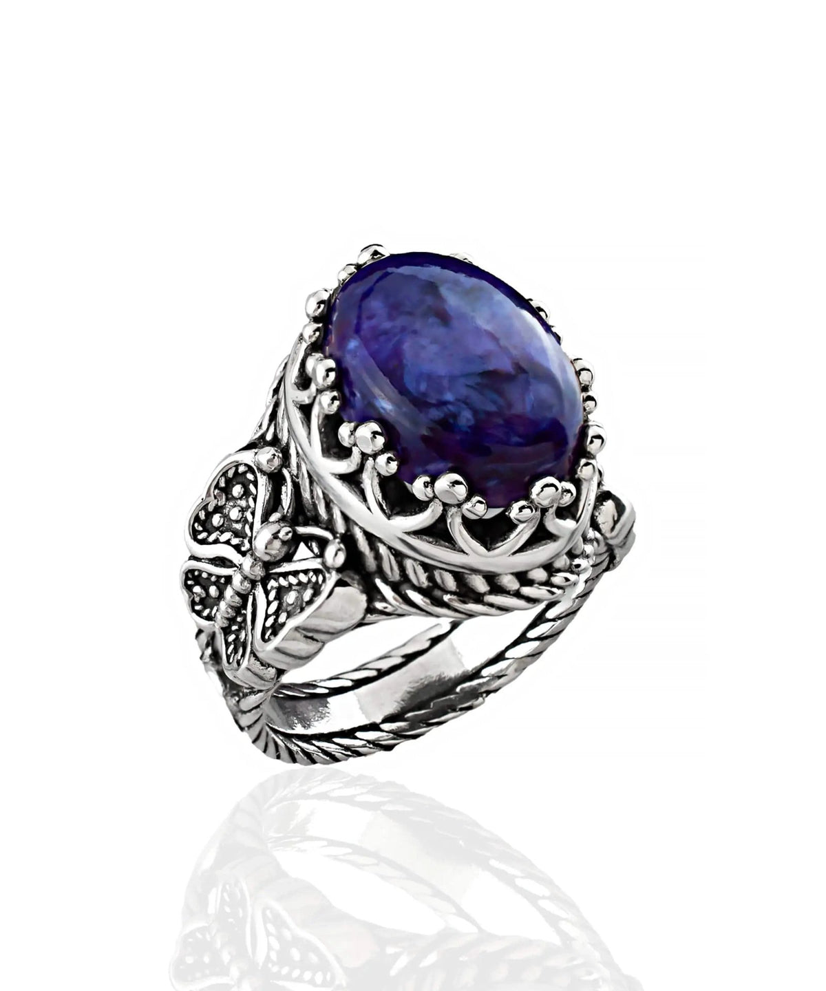 Charoite Gemstone Filigree Art Double Butterfly Detailed Women Silver Statement Ring - Drakoi Marketplace