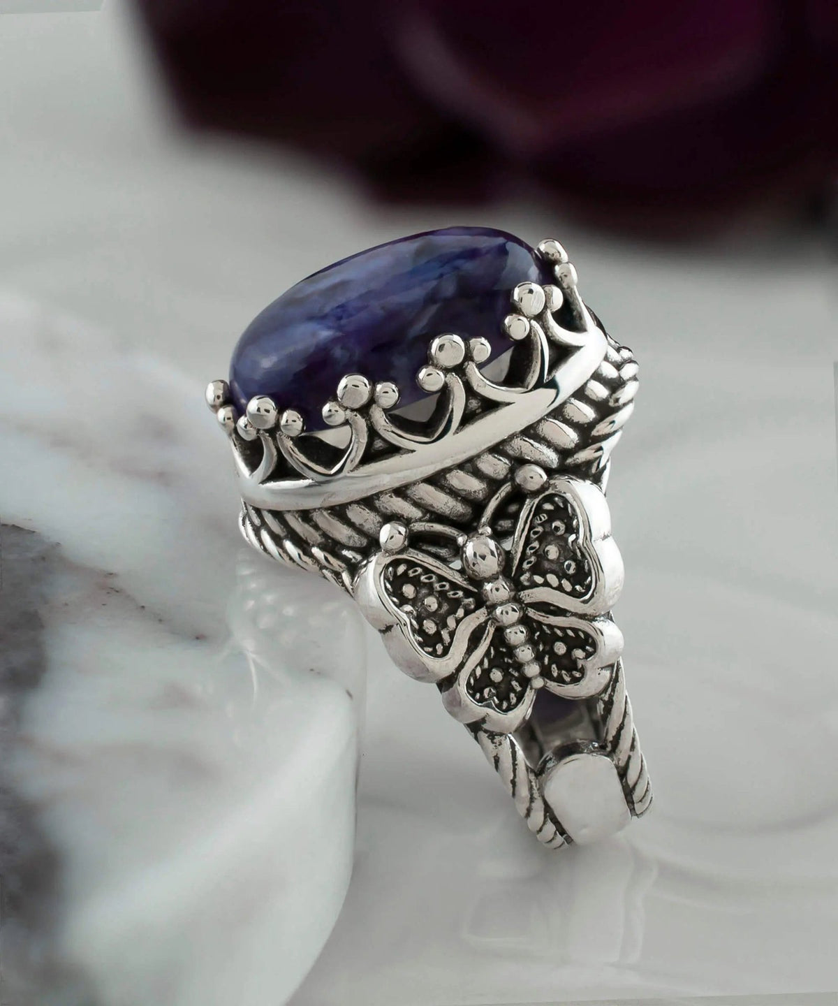 Charoite Gemstone Filigree Art Double Butterfly Detailed Women Silver Statement Ring - Drakoi Marketplace