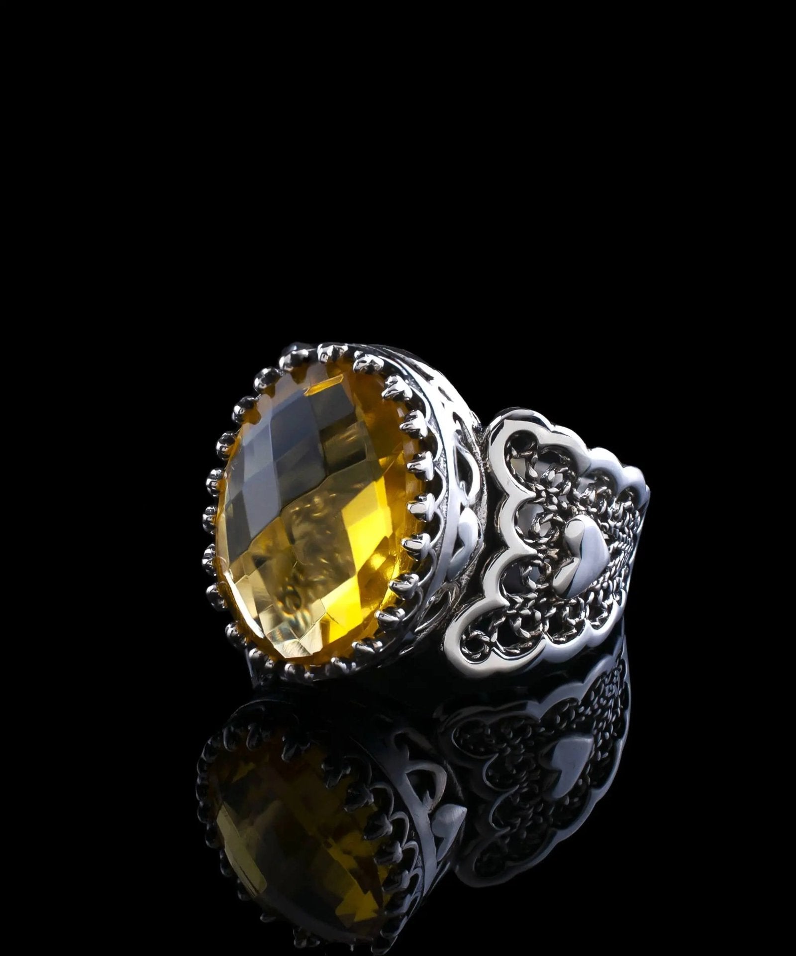 Citrine Gemstone Double Heart Detailed Filigree Art 925 Sterling Silver Women Statement Ring - Drakoi Marketplace