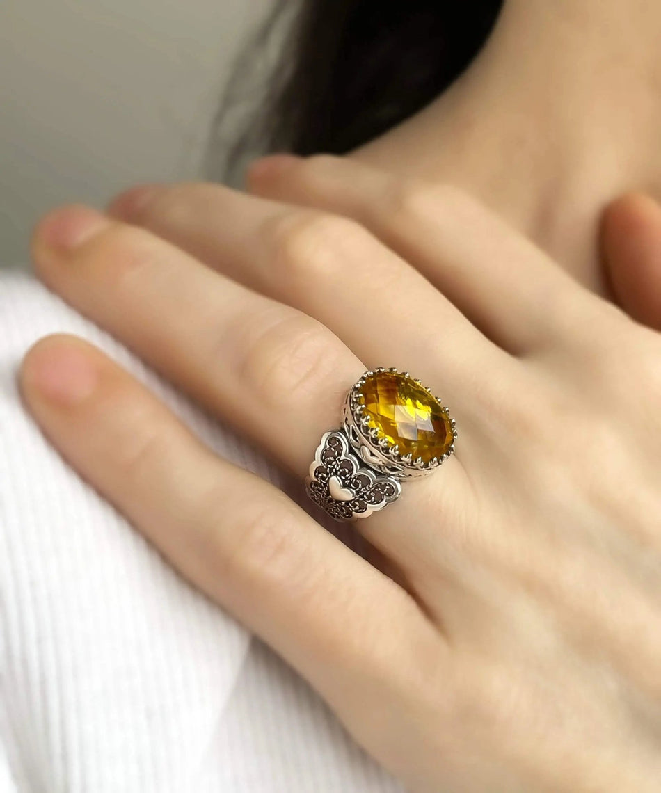 Citrine Gemstone Double Heart Detailed Filigree Art 925 Sterling Silver Women Statement Ring - Drakoi Marketplace