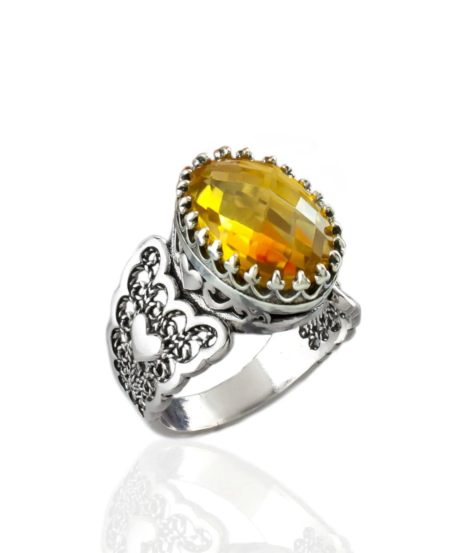 Citrine Gemstone Double Heart Detailed Filigree Art 925 Sterling Silver Women Statement Ring - Drakoi Marketplace