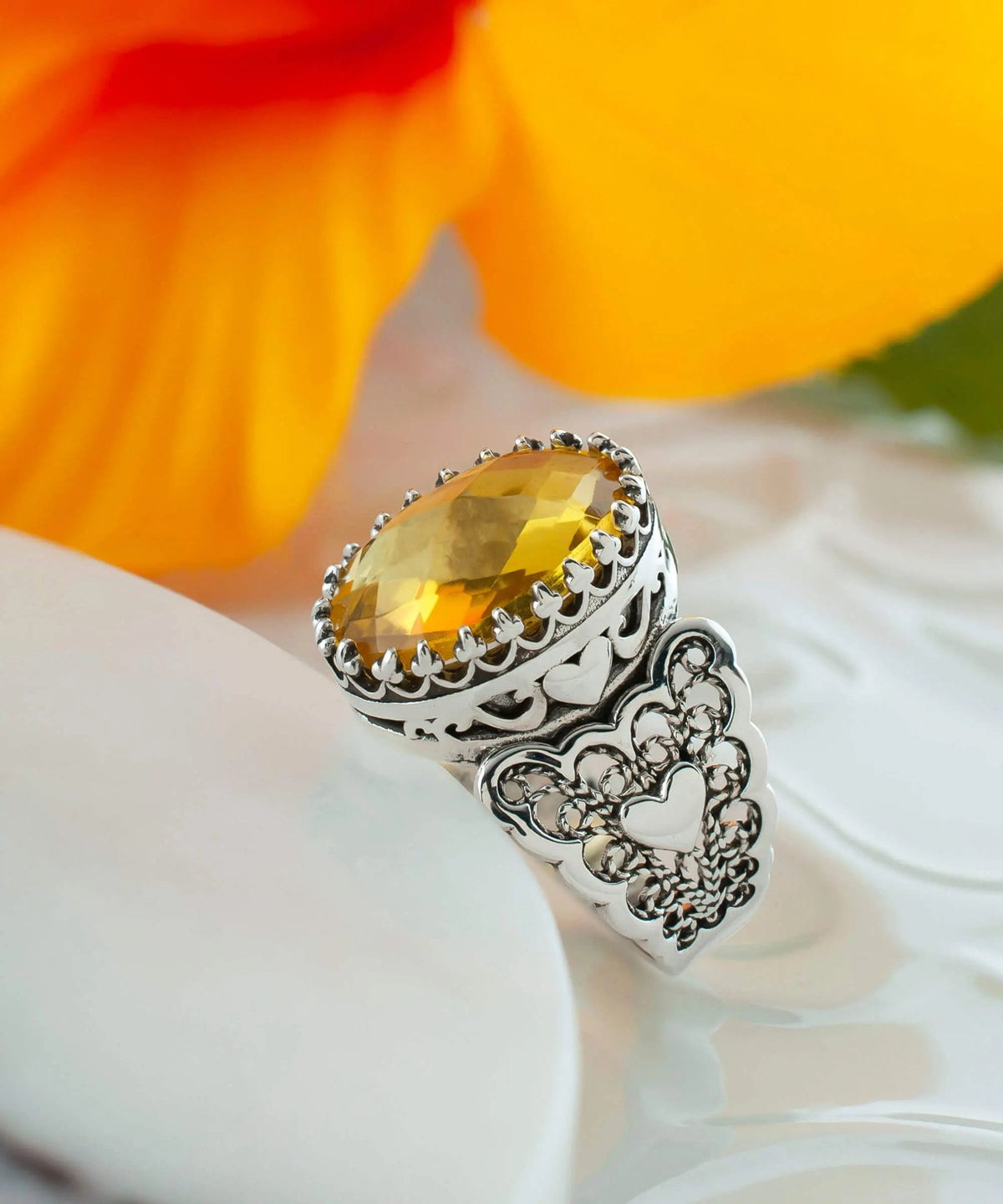 Citrine Gemstone Double Heart Detailed Filigree Art 925 Sterling Silver Women Statement Ring - Drakoi Marketplace