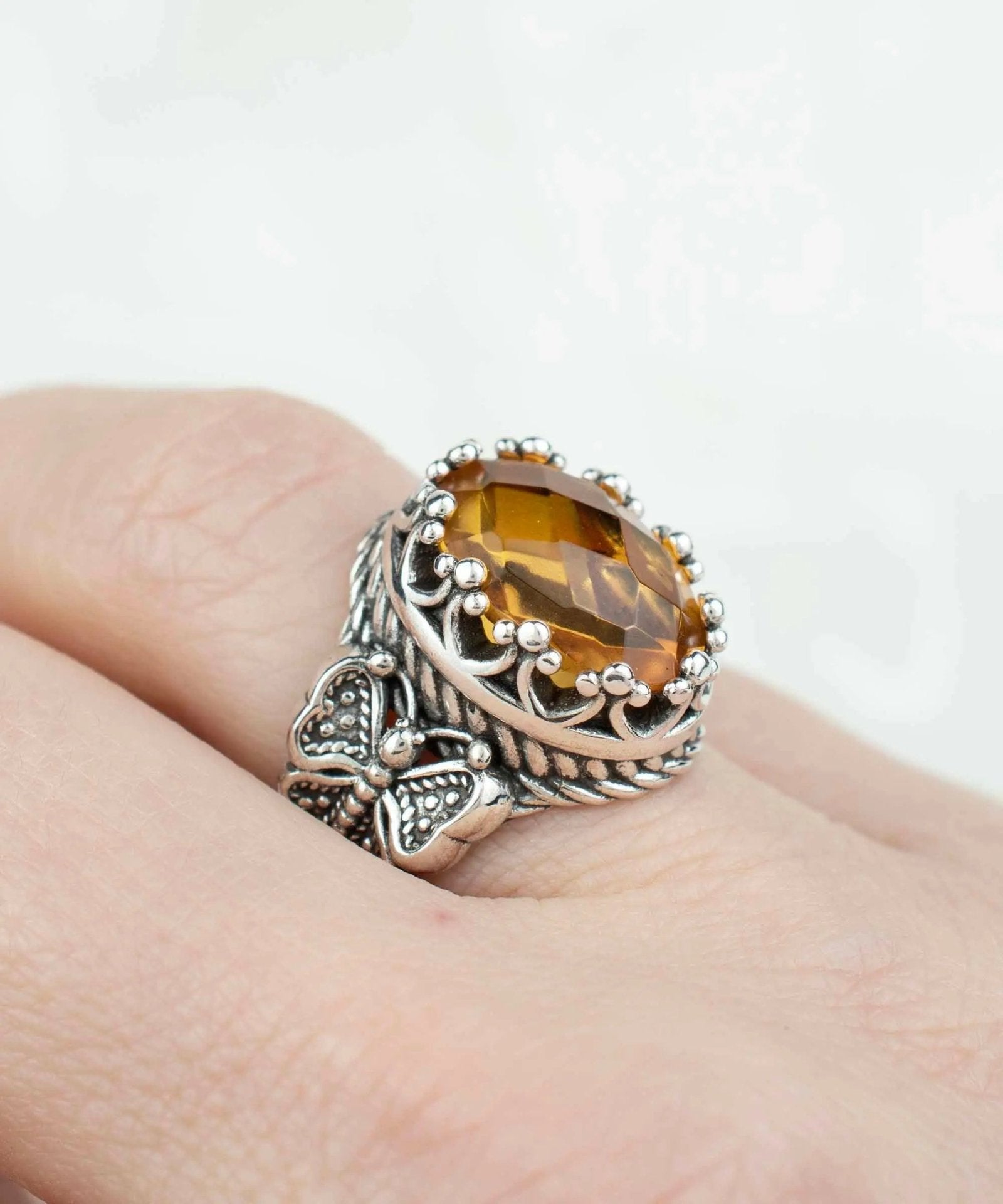 Citrine Gemstone Filigree Art Double Butterfly Detailed Women Silver Statement Ring - Drakoi Marketplace