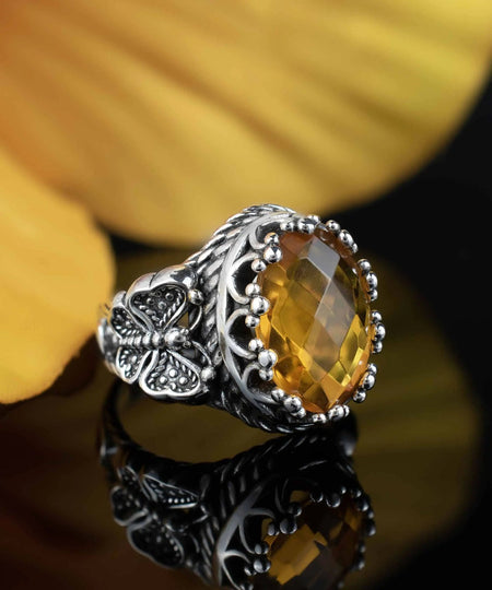 Citrine Gemstone Filigree Art Double Butterfly Detailed Women Silver Statement Ring - Drakoi Marketplace