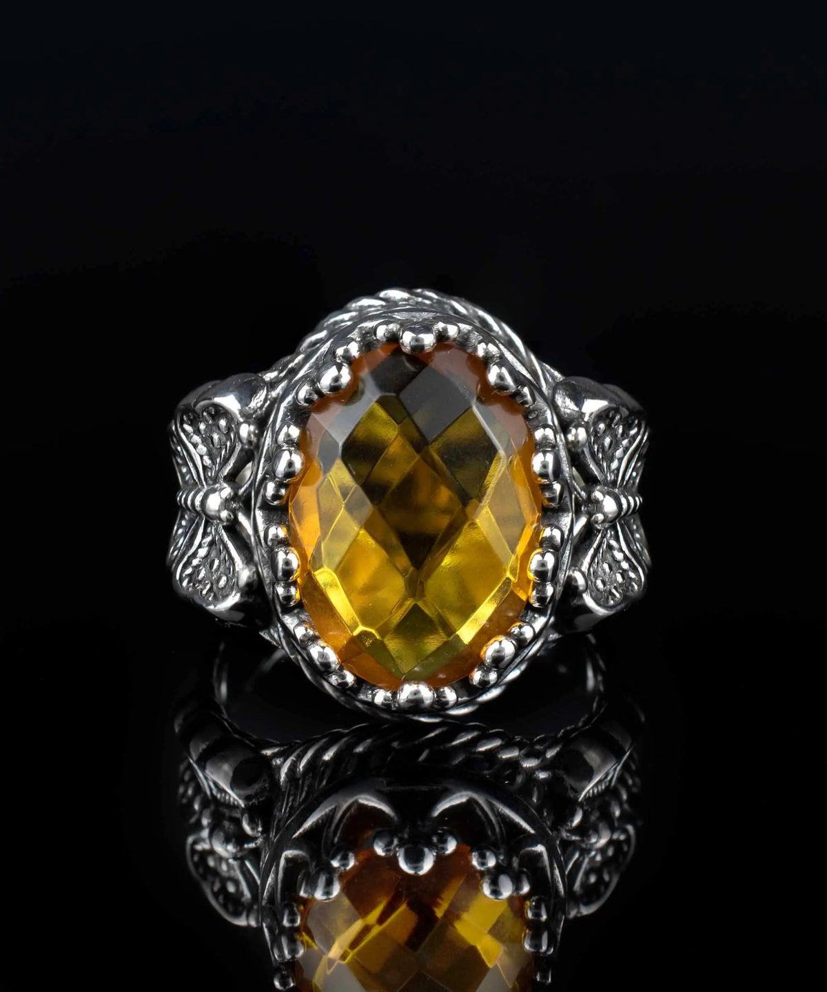 Citrine Gemstone Filigree Art Double Butterfly Detailed Women Silver Statement Ring - Drakoi Marketplace