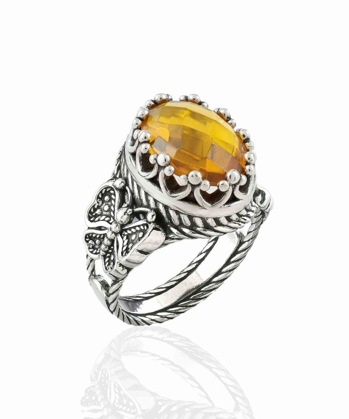 Citrine Gemstone Filigree Art Double Butterfly Detailed Women Silver Statement Ring - Drakoi Marketplace