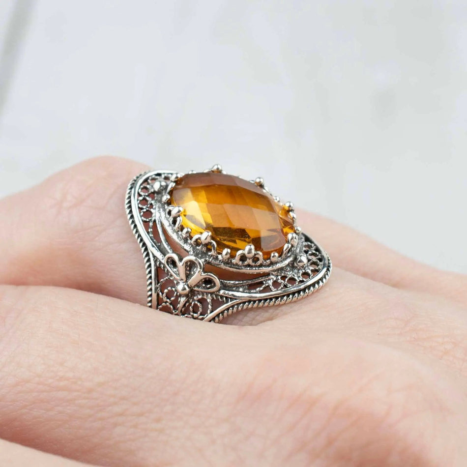 Citrine Gemstone Filigree Art Woman Silver Statement Ring - Drakoi Marketplace