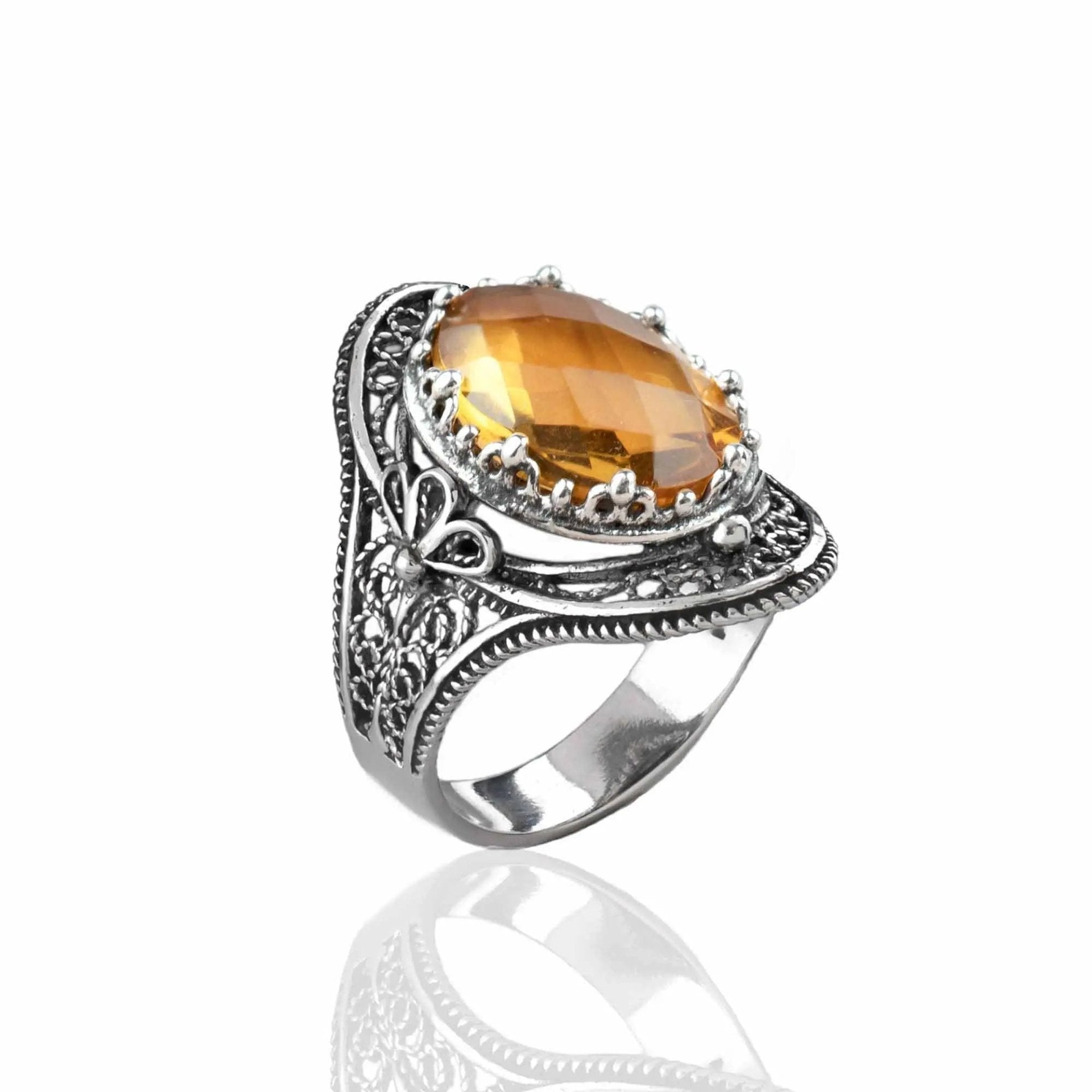 Citrine Gemstone Filigree Art Woman Silver Statement Ring - Drakoi Marketplace