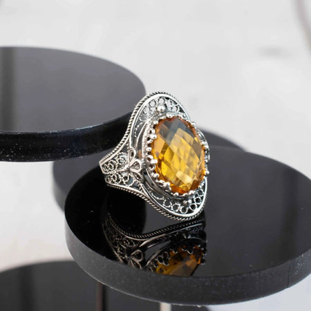 Citrine Gemstone Filigree Art Woman Silver Statement Ring - Drakoi Marketplace