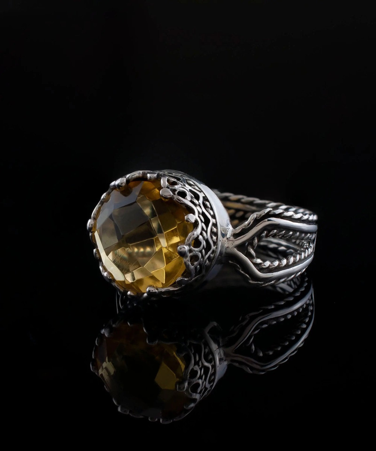 Citrine Gemstone Filigree Art Women Sterling Silver Cocktail Ring - Drakoi Marketplace