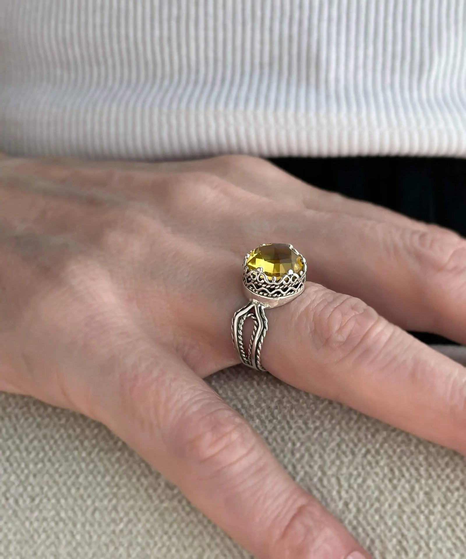 Citrine Gemstone Filigree Art Women Sterling Silver Cocktail Ring - Drakoi Marketplace