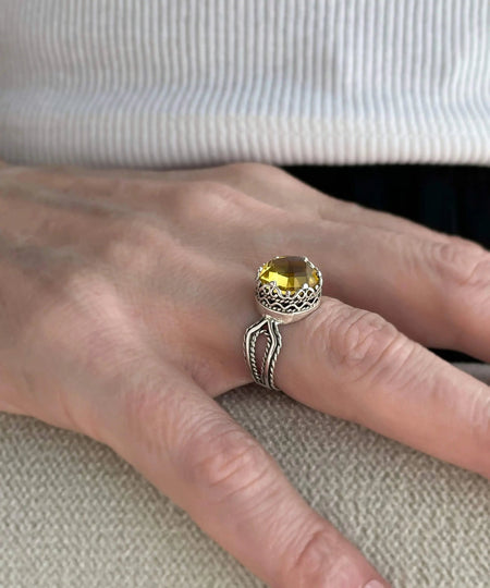 Citrine Gemstone Filigree Art Women Sterling Silver Cocktail Ring - Drakoi Marketplace