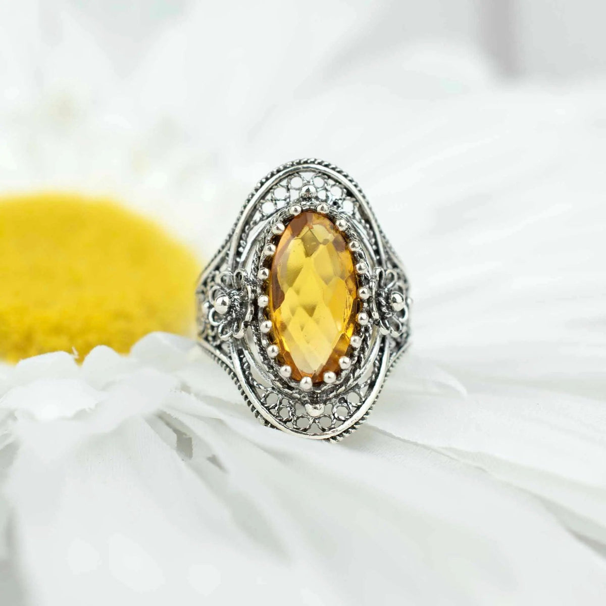 Citrine Gemstone Sterling Silver Women Statement Ring with Daisy Figures - Drakoi Marketplace