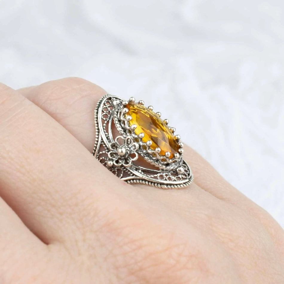 Citrine Gemstone Sterling Silver Women Statement Ring with Daisy Figures - Drakoi Marketplace