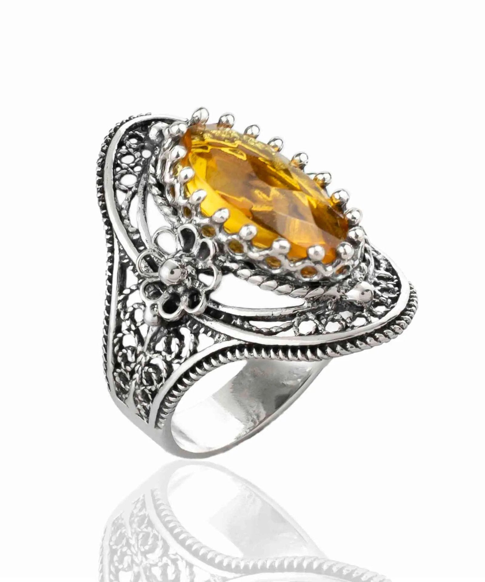 Citrine Gemstone Sterling Silver Women Statement Ring with Daisy Figures - Drakoi Marketplace