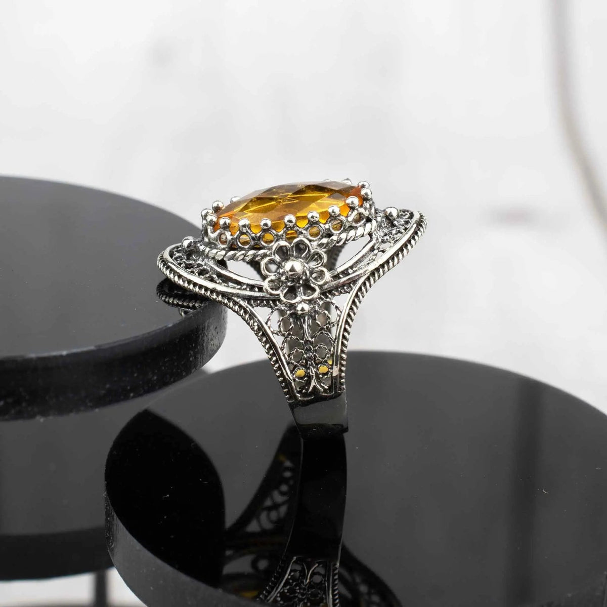 Citrine Gemstone Sterling Silver Women Statement Ring with Daisy Figures - Drakoi Marketplace