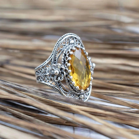 Citrine Gemstone Sterling Silver Women Statement Ring with Daisy Figures - Drakoi Marketplace