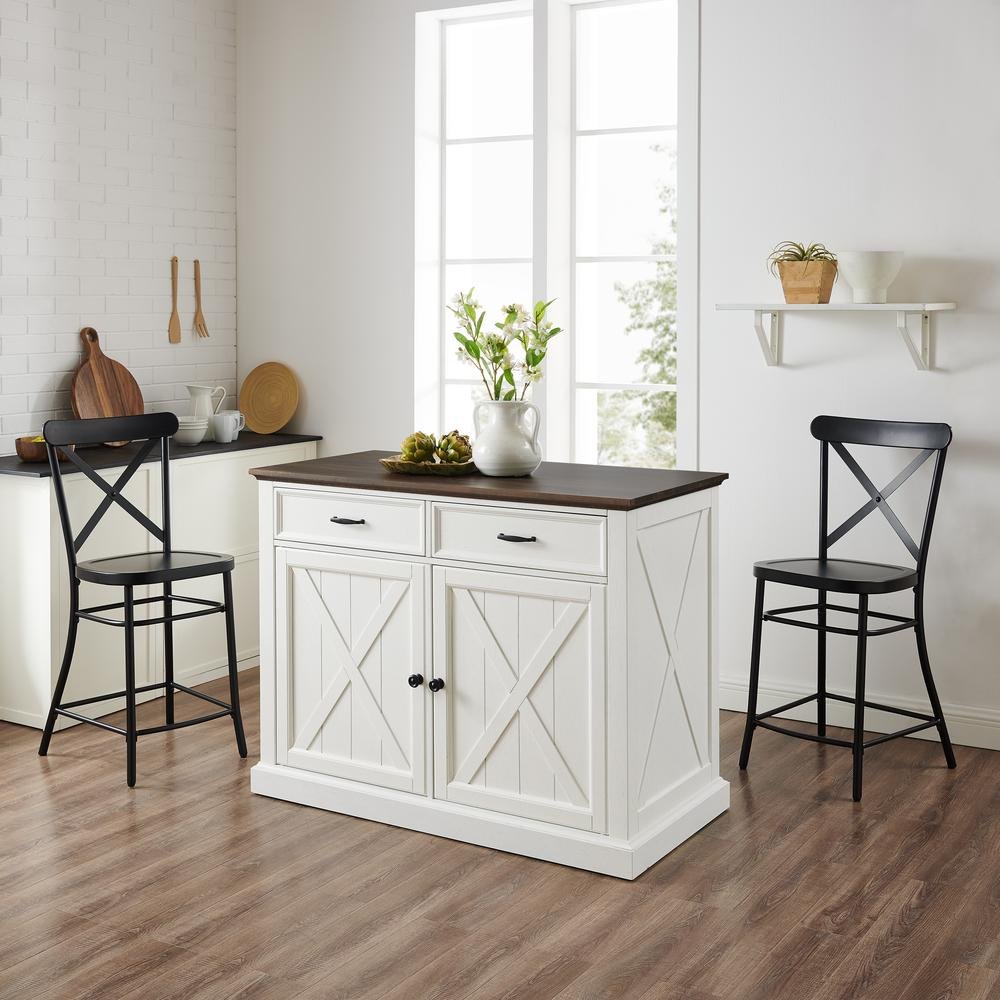 Clifton Kitchen Island W/Camille Stools Distressed White/Black - Kitchen Island & 2 Stools - Drakoi Marketplace