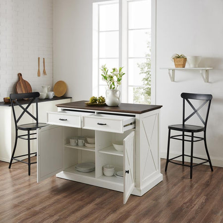 Clifton Kitchen Island W/Camille Stools Distressed White/Black - Kitchen Island & 2 Stools - Drakoi Marketplace