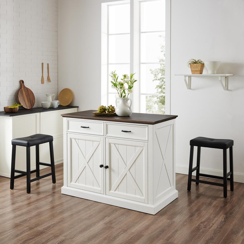 Clifton Kitchen Island W/Uph Saddle Stools Distressed White/Black - Kitchen Island & 2 Stools - Drakoi Marketplace