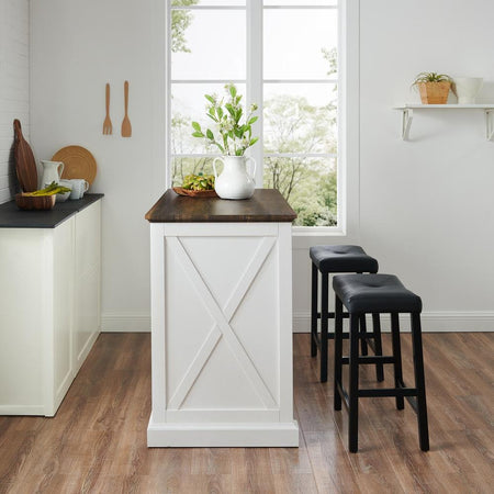 Clifton Kitchen Island W/Uph Saddle Stools Distressed White/Black - Kitchen Island & 2 Stools - Drakoi Marketplace